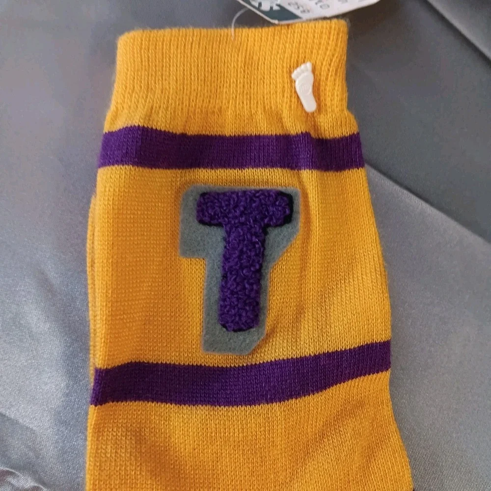 VTG 80s High‎ Point Crew Socks Yellow Purple Letter T NWT Retro Lakers Colors